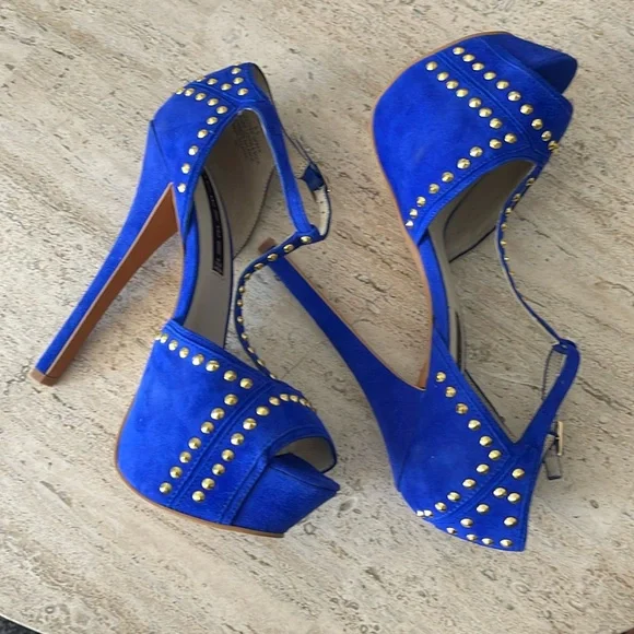 STEVEN Steve Madden ASTRRO Blue Gold Studded Leather Suede Stiletto heel Sz 8.5 - Picture 12 of 17